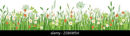 Blumen und Gras nahtlose Grenze, Wiesenblumen und grünes Gras, Vektorillustration, Kartendekorationselement Stock Vektor