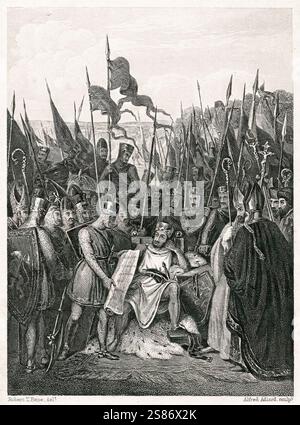 König John (1166–1216), König von England 1199–1216, Unterzeichnung der Magna Charta in Runnymede am 15. Juni 1215, Stich von Alfred Adlard nach Robert Trewick Knochen, um 1850 Stockfoto