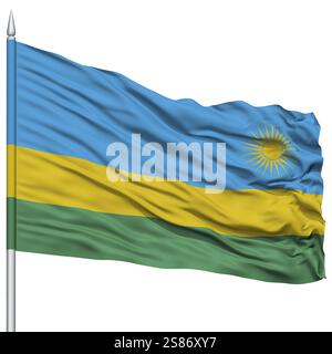 Ruanda Flagge auf Fahnenmast, im Wind fliegen, isoliert auf weißem Hintergrund Stockfoto