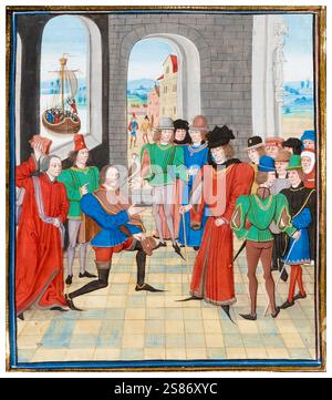 Robert I. von Schottland (1274–1329), Robert the Bruce, König der Schotten 1306-1329 Begegnung mit Eduard III. Von England (1312–1377), König von England 1327–1377, Miniaturmalerei von Loyset Liédet, 1401-1499 Stockfoto