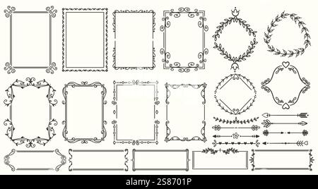 Vintage-Rahmen. Elegante Ränder im Retro-Stil. Designelemente alter Bücher. Einladungskarten verzieren Dekorationen. Verdrehte Linien mit Blumenmuster. Botanische Grafik Outli Stock Vektor