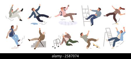 Rutschende, fallende Menschen. Pensionierte Männer und Frauen stolpern auf der Treppe. Verlust des Gleichgewichts. Rutschiger Boden. Schmerzen oder Verletzungen. Unüberwindbare Hindernisse. Sie Stock Vektor
