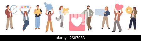 Kleine Menschen halten große Social-Media-Symbole. Männer und Frauen mit Gegenständen. Wie das Herz. Sterne von Punkten. Daumen hoch Geste. Smiley Face Emoticon. Online-Chaos Stock Vektor
