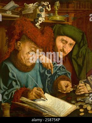 Steuereintreiber im Mittelalter, im Jahre 1540, zwei Beamte prüfen die Bücher und zählen das Geld, Gemälde von Reymerswaele, Holland, Historisch, digital restaurierte Reproduktion von einer Vorlage aus dem 19. Jahrhundert Stockfoto