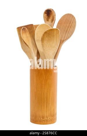 Holzlöffel und Spatel auf weiß Stockfoto