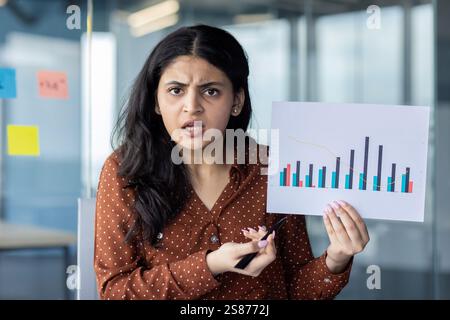 Webcam-Ansicht, Frau zeigt Diagrammdokument mit negativen und unbefriedigenden Ergebnissen. Geschäftsfrau bei Online-Meetings mit Kollegen und Partnern, Blick auf Webcam, Fernkonferenz. Stockfoto