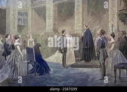 Hochzeit von Prinz Heinrich von Preußen und Prinzessin Irene von Hessen 1888, in der Kapelle des Schlosses Charlottenburg, Berlin, Deutschland / Hochzeit von Prinz Heinrich von Preußen und Prinzessin Irene von Hessen 1888, in der Kapelle des Schlosses Charlottenburg, Berlin, Deutschland, historische, digital verbesserte Wiedergabe eines Originals aus dem 19. Jahrhundert / digitale Reproduktion einer Originalvorlage aus dem 19. Jahrhundert. Jahrhundert, Originaldatum nicht bekannt, CA 1880 Stockfoto