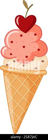 Eis in Waffelkegel mit Kirschkritzelstil. Handgezeichnetes, flaches Zeichentricksymbol für Webgrafik, Poster, T-Shirt, Grußkarte. Sommer süßes Essen Vektor flache Illustration Stock Vektor