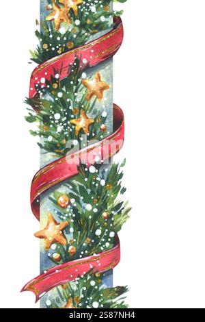 Girlande Dekoration Weihnachten, Silvester mit grünen Tannenzweigen, roten verdrehten Bändern, goldenen Sternen und Schnee. Handgezeichnete Illustration mit Aquarell Stockfoto