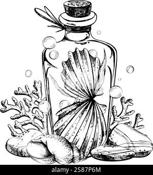 Muscheln, Meeresschwämme, Korallen, Kieselsteine und Blasen in einer Glasflasche mit Stopfen. Handgezeichnete grafische Illustration in Schwarz-weiß Stock Vektor