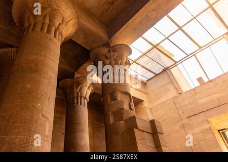 Assuan, Ägypten; 18. Januar 2024: Entdecken Sie die Säulen von Philae im Tempel von Isis, Assuan (Ägypten). Diese wunderschön dekorierten Säulen sind ein Highli Stockfoto