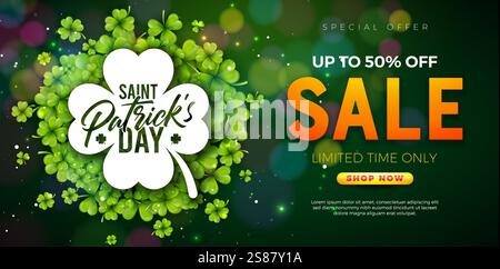 Saint Patrick's Day Sale Banner Illustration mit Kleeblättern und Typografie-Schriftzug auf glänzendem grünem Hintergrund. Traditioneller Irischer St. Patricks Day Stock Vektor