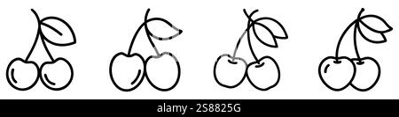 Kirschsymbole gesetzt. Minimalistische Linienzeichnung einer Reifen Kirsche. Vektorabbildung Stock Vektor