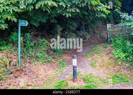 Schild für einen öffentlichen Fußweg, der einen bergauf führt, der von Castle Lane zur New Road, Okehampton, Devon, England, Großbritannien führt. Stockfoto