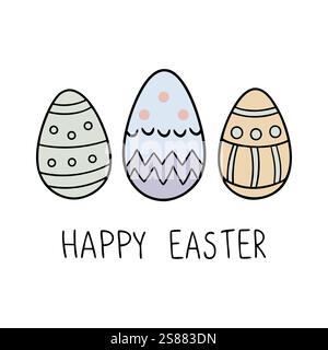 Happy Easter Poster mit Eiern. Set mit dekorierten Ostereiern in Pastellfarben, Wishing Happy Easter. Vektorabbildung Stock Vektor