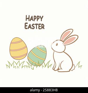 Fröhliches Osterplakat mit Eiern und Häschen. Dekorierte Eier und Häschen in Pastellfarben, die frohe Ostern wünschen. Vektorabbildung Stock Vektor