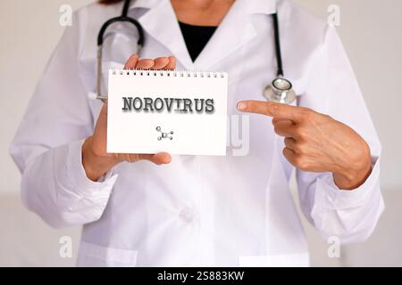 Norovirus. Gesundheitsproblem. Frau Ärztin, die auf das Wort in einem Notizbuch zeigt. Stockfoto