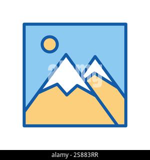 Galerie-Symbol. Berglandschaft mit der Sonne. Einfaches Strichbildsymbol eines Querformatbildes. Vektorabbildung Stock Vektor