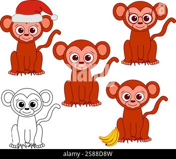 Vektor-Set mit niedlichem Affen mit verschiedenen Accessoires. Vektor-Tierkollektion im grafischen Cartoon-Stil. China Neujahr Stock Vektor