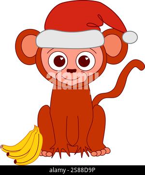 Ein Weihnachtsaffen Tier mit Bananen grafischer Linie Vektor Zeichentrickfigur in einer Santa Hut Komposition. china Neujahr 2028 Maskottchen Stock Vektor