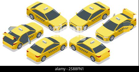 Mehrere gelbe Taxiwagen in isometrischer Vektoransicht mit offenen und geschlossenen Türen und Kofferräumen, die ihre verschiedenen Funktionen und Winkel zeigen. Taxi Stock Vektor