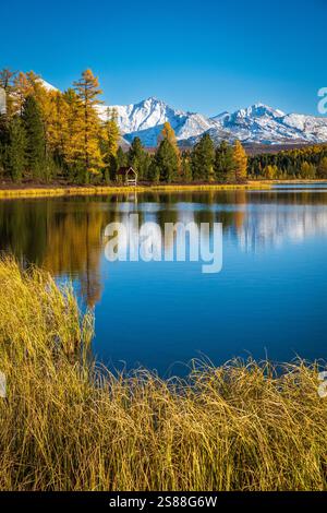 Ruhige Aussicht auf einen reflektierenden See mit goldenen Bäumen und schneebedeckten Gipfeln im Hintergrund Stockfoto