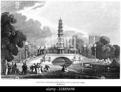 Ein Kupferstich der chinesischen Pagode & Brücke im St. James Park, Middlesex, wie sie am 1. August 1814 erschien, in hoher Auflösung aus einem Buch von 1815 gescannt. Stockfoto