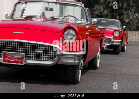 BIRMINGHAM, MI, USA - 19. AUGUST 2023: Rote Ford Thunderbird-Klassiker in der berühmten woodward Dream Cruise in Detroit, Michigan. Stockfoto
