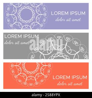 Satz abstrakter horizontaler Header-Banner mit geometrischen kreisförmigen Elementen und Textplatzierung. Farbenfrohe Hintergründe für Webdesign. Vektorillustratio Stock Vektor