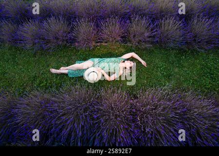 Ein Luftbild einer Frau, die auf Gras inmitten von Reihen von leuchtendem Lavendel liegt. Sie trägt ein Blumenkleid und einen Sonnenhut und genießt das ruhige Set Stockfoto