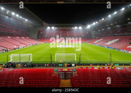 Anfield, Liverpool, Merseyside, Großbritannien. Januar 2025. Champions League Football, Liverpool gegen Lille; Allgemeine Ansicht des Anfield Stadium vor dem Spiel Credit: Action Plus Sports/Alamy Live News Stockfoto