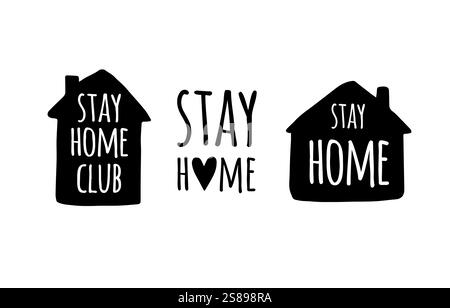 Vektor-Set-Bündel von schwarzen flachen Hand gezeichneten Kritzelskizze Bleiben Home-Lettering in Pandemie-Panikzeiten isoliert auf weißem Hintergrund Stock Vektor