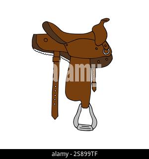 Vektor Hand gezeichnete Kritzelskizze brauner westlicher Cowboy Pferdesattel isoliert auf weißem Hintergrund Stock Vektor