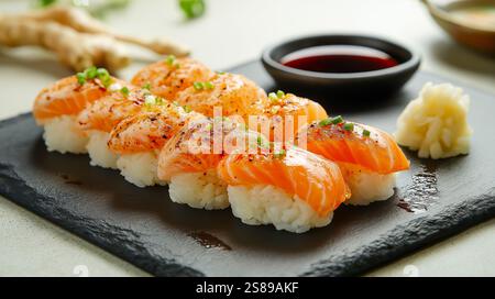 Ein Teller mit wunderschön angeordnetem Sushi-Nigiri, mit frischen Stücken von Lachs, Thunfisch und Garnelen auf perfekt geformtem Reis, garniert mit einem Hauch von W Stockfoto