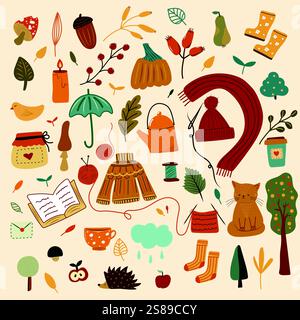 Herbstliches Set mit niedlichen und gemütlichen Designelementen. Stock Vektor