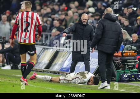Swansea, Großbritannien. Januar 2025. Swansea City Head Coach Luke Williams blickt über den verletzten Ronald von Swansea City während des Sky Bet Championship Matches Swansea City gegen Sheffield United im Swansea.com Stadium, Swansea, Vereinigtes Königreich, 21. Januar 2025 (Foto: Andrew Lewis/News Images) in Swansea, Vereinigtes Königreich am 21. Januar 2025. (Foto: Andrew Lewis/News Images/SIPA USA) Credit: SIPA USA/Alamy Live News Stockfoto