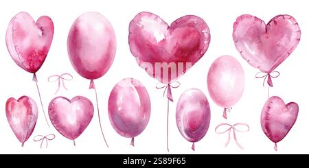 Aquarellabbildung rosa Herzballons. Romantisches Design, perfekt für Valentinstag, Hochzeiten, Gruß- und Weihnachtskarten Stockfoto