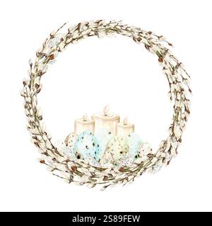 Frühlingskranz aus Weidenzweigen, Kerzen und Wachteln Ostereiern. Aquarellkomposition auf weißem Hintergrund, ideal für Kartendesign, Einladungen und Urlaubsdekor Stockfoto