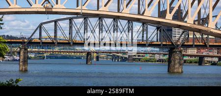 Panoramablick auf eine Reihe von Brücken auf dem Alleghany River in Pittsburgh, Pennsylvania. Stockfoto