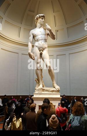 Florenz, Italien - 02. Januar 2025: Touristen bewundern Michelangelos David-Marmorskulptur in der Galleria Dell'Accademia im vertikalen Format Stockfoto