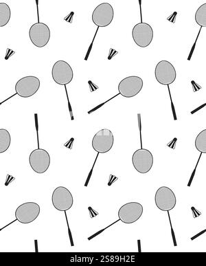 Nahtloses Vektor-Muster von flachem schwarzem Umriss Badminton Shuttlecock und Schläger isoliert auf weißem Hintergrund Stock Vektor