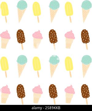 Nahtloses Vektor-Muster der Hand gezeichneten Kritzelskizze unterschiedliches Eis isoliert auf weißem Hintergrund Stock Vektor