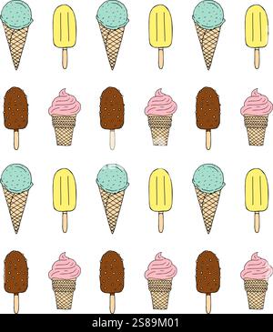 Nahtloses Vektor-Muster von Hand gezeichneter Kritzelskizze unterschiedlich farbiges Eis isoliert auf weißem Hintergrund Stock Vektor