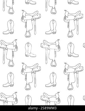 Vektor nahtloses Muster der Hand gezeichneten Doodle Skizze Reitpferd Cowboy Westernstiefel und Sattel isoliert auf weißem Hintergrund Stock Vektor