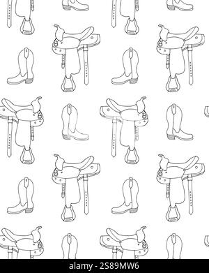 Vektor nahtloses Muster der Hand gezeichneten Doodle Skizze Reitpferd Cowboy Westernstiefel und Sattel isoliert auf weißem Hintergrund Stock Vektor