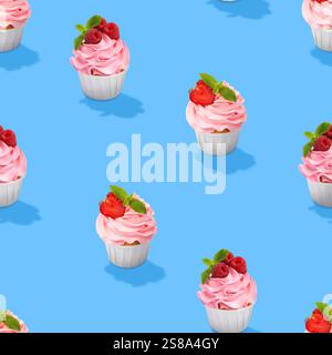 Muster von Cupcakes mit Beeren auf blauem Hintergrund Stockfoto