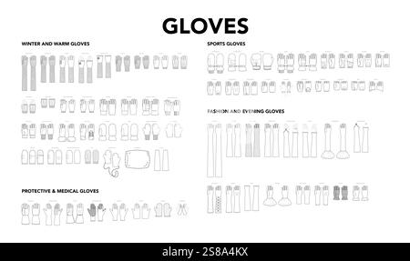 Set von Handschuhen - Abend Winter warm Sport und schützende medizinische Mode mit Namen Hand Accessoire Kleidung technische Illustration Kleid. Vektor flache Vorlage Cartoon isoliert auf weißem Hintergrund Stock Vektor