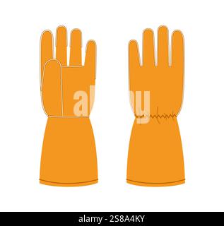 Schweißhandschuhe Arbeitshandschuhe Accessoire Kleidung orange Cartoon technische Illustration Kleid. Vektor-Vorderhandinnenansicht für Männer, Frauen, Unisex-Stil flache Vorlage CAD-Modell auf weißem Hintergrund Stock Vektor