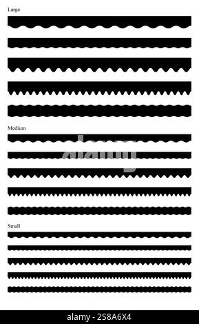 Satz von fünfzehn isolierten nahtlosen dekorativen Vektorkanten für den Designgebrauch, gewellte Kanten, für alle Designgebrauch. Editierbar und skalierbar. 12 Zoll Stockfoto