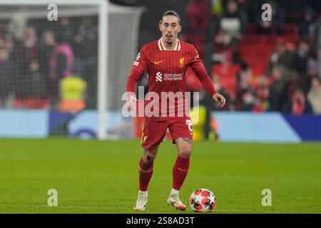 Anfield, Liverpool, Merseyside, Großbritannien. Januar 2025. Champions League Football, Liverpool gegen Lille; Kostas Tsimikas von Liverpool Credit: Action Plus Sports/Alamy Live News Stockfoto